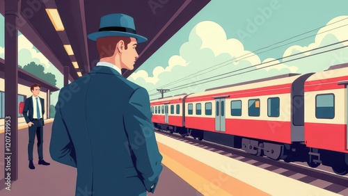 Painting Man in Formal Attire at the Train Station Embarking on a Journey
