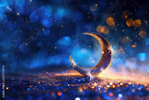 Ramadan Kareem   Moon On Shiny Glitter With Abstract Defocused Lights photo