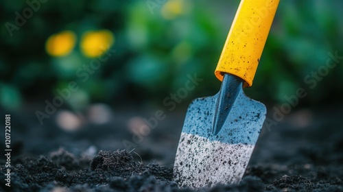 A bright yellow-handled shovel rests in rich, dark soil, ready for digging and unearthing hidden treasures beneath the earthâs surface. photo