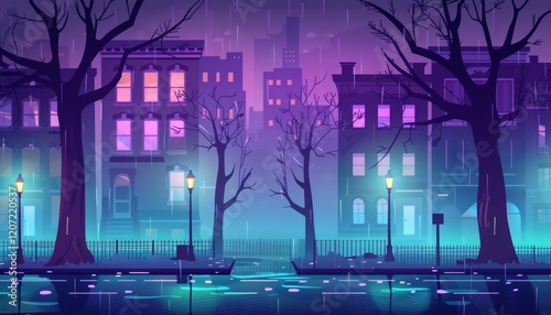 A rainy cityscape at night with trees, streetlights, and buildings.