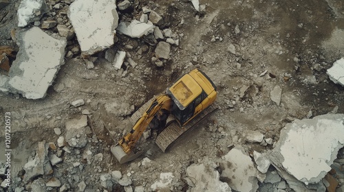 A rugged construction vehicle navigates a rocky terrain, surrounded by scattered debris and large stones, showcasing its power and resilience in challenging conditions.