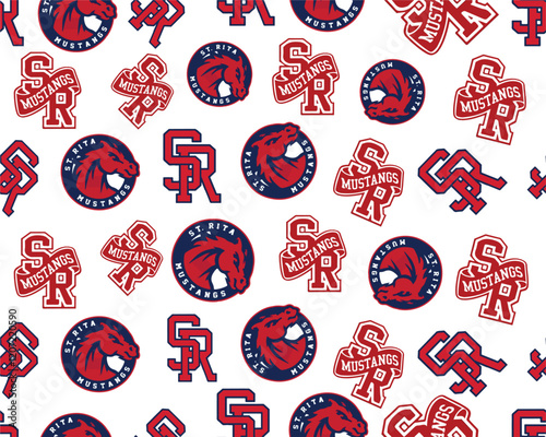 Dynamic sports team pattern featuring St. Rita Mustangs logo, bold red, white, and blue elements, perfect for branding, merchandise, and team-inspired designs.