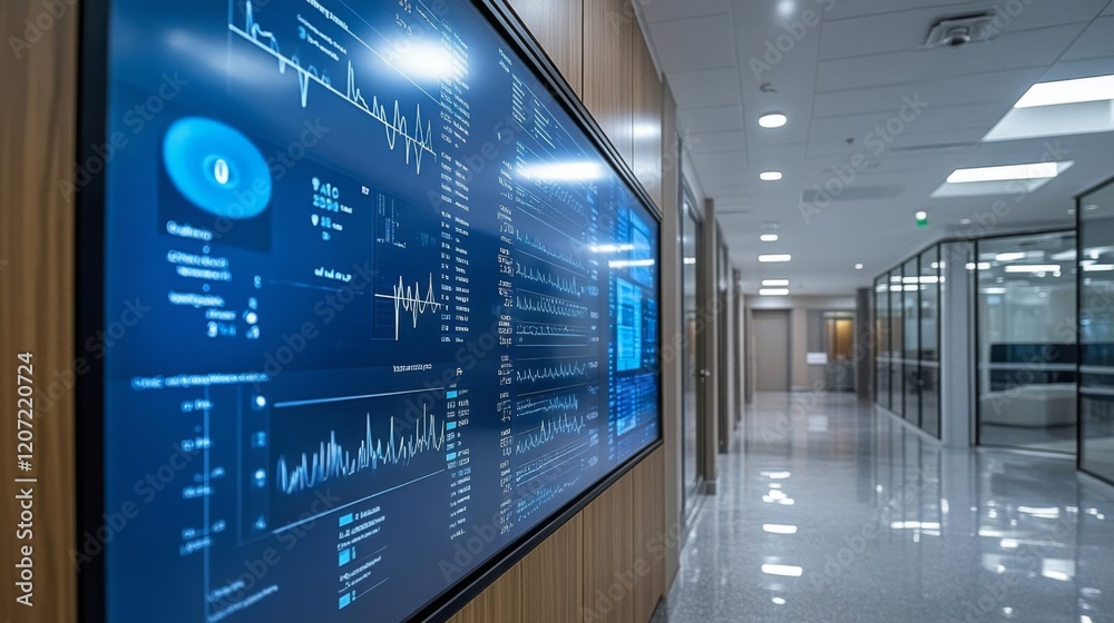 Fototapeta premium Modern Office Hallway with Large Data Visualization Display