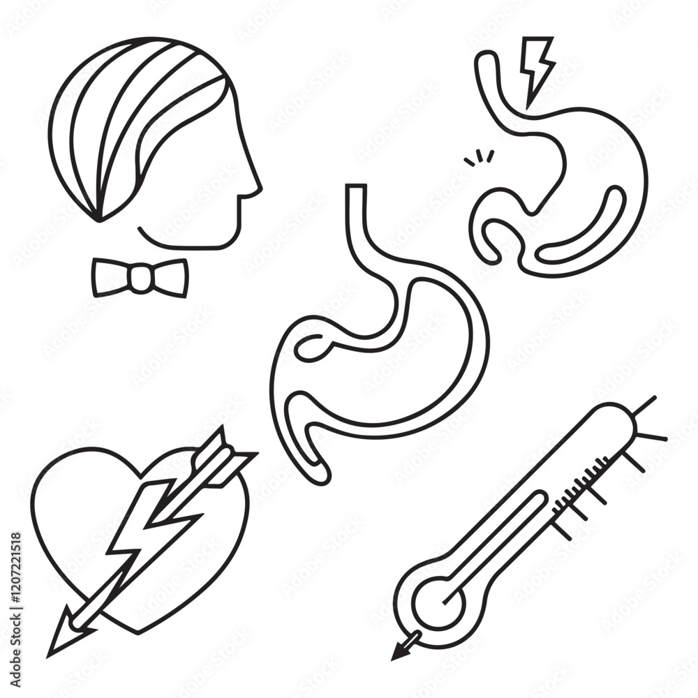 Fototapeta premium Stomach ache and pain related editable outline icons.