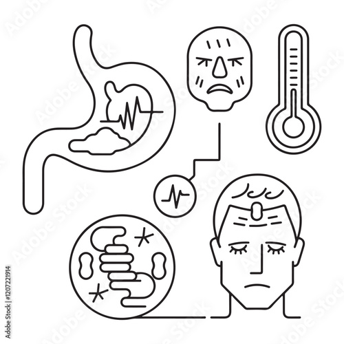 Stomach ache and pain related editable outline icons.