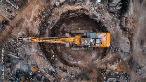 A vast pit reveals an array of heavy construction equipment, their rugged forms silhouetted against the sky, ready to reshape the earth's surface.