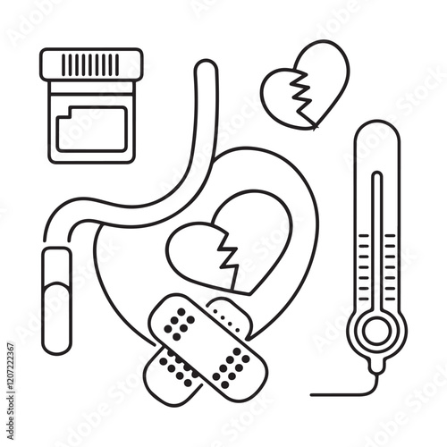 Stomach ache and pain related editable outline icons.