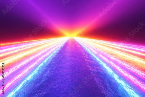 Vibrant neon light beams stretch towards a radiant horizon at sunset