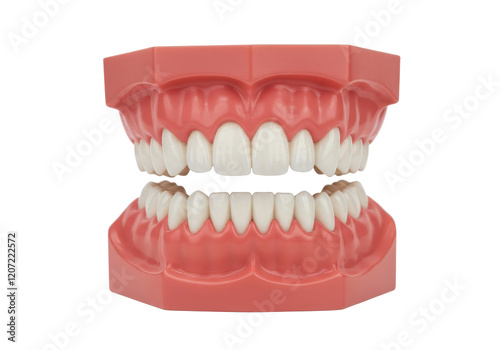 Artificial dental model showing upper and lower teeth in pink gums isolated on white background