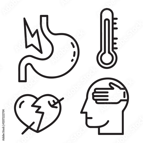 Stomach ache and pain related editable outline icons.