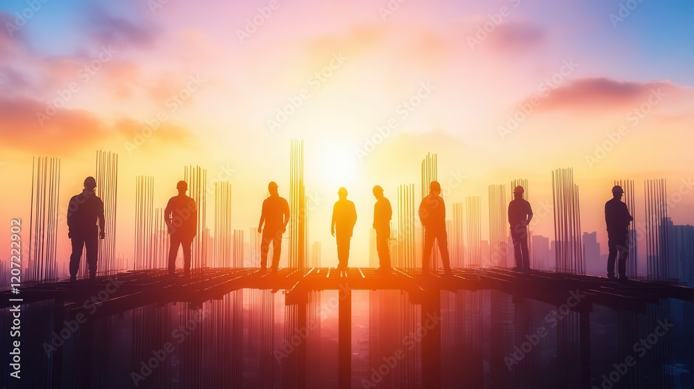 Fototapeta premium Silhouetted figures stand united on a bridge, basking in the warm glow of a breathtaking sunset, creating a scene of tranquility and connection.