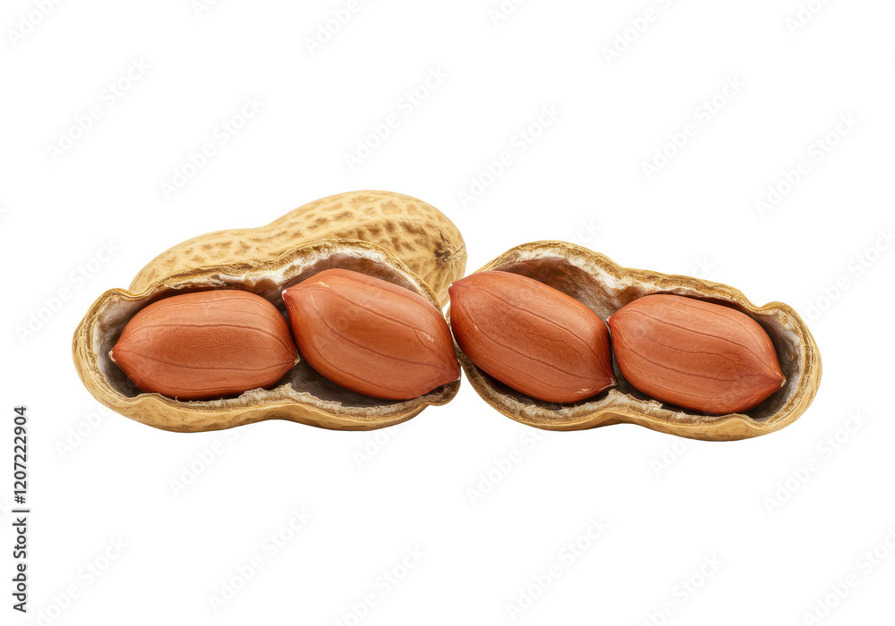 Whole and open peanut shells revealing two peanuts inside, isolated on white background Whole and open peanut shells revealing two peanuts inside, isolated on white background