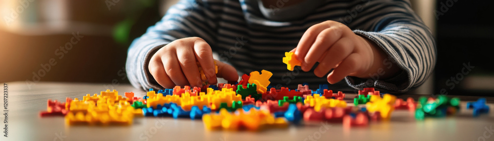 Naklejka premium A child sorting colorful plastic shapes on a wooden table.