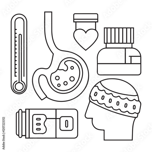 Stomach ache and pain related editable outline icons.