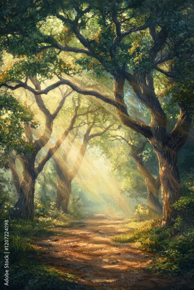 Fototapeta premium Mystical oak forest with misty light filtering through ancient trees, creating an ethereal atmosphere. The fog adds to the enchanting and mysterious vibe of nature's beauty. 