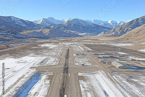 Aerial View of a Small Airport Surrounded by Snowy Mountains and Clear Blue Sky in Winter Season with Runway and Hangars Visible in Remote Location