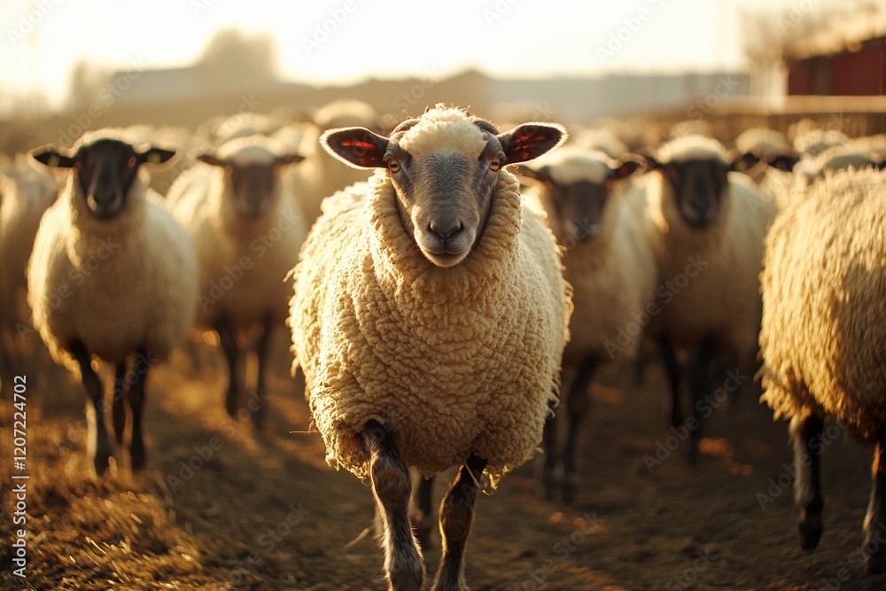 Flock of sheep gathering in the warm sunlight during a peaceful afternoon stroll Flock of sheep gathering in the warm sunlight during a peaceful afternoon stroll