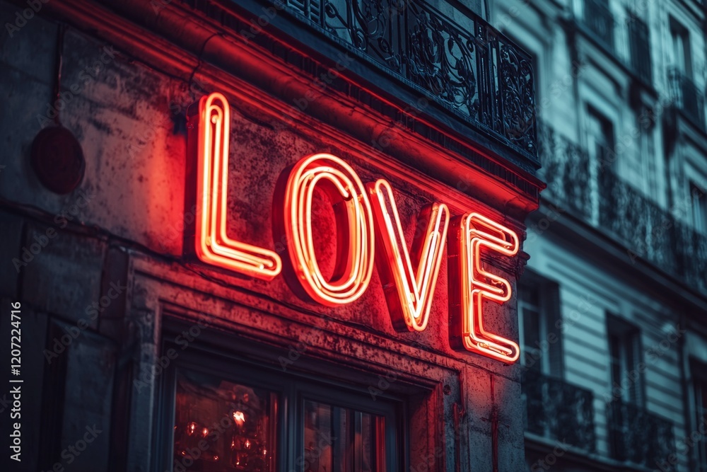 Neon sign on the building in Paris, neon text Neon sign on the building in Paris, neon text