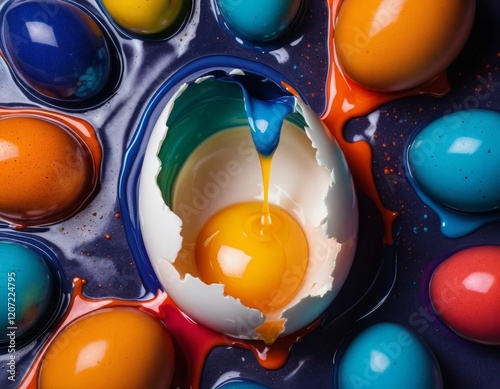 Colorful Easter Eggs and Broken Egg with Yolk in Paint photo