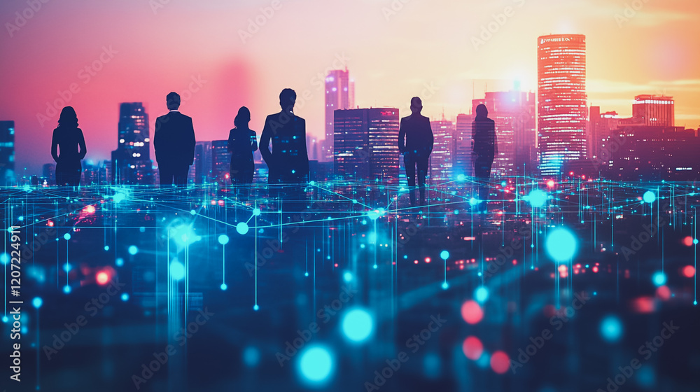 abstract professional business team people connection of line from nail node to node on Smart digital cityscap and skyline background , Innovation networking concept abstract professional business team people connection of line from nail node to node on Smart digital cityscap and skyline background , Innovation networking concept