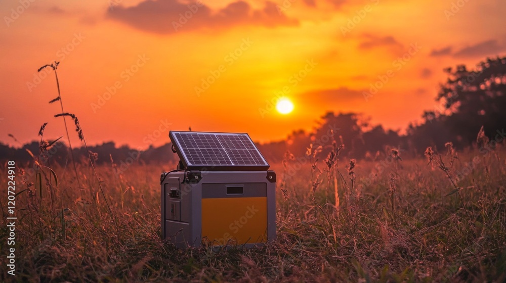 Portable Solar Power Station in a Field at Sunset