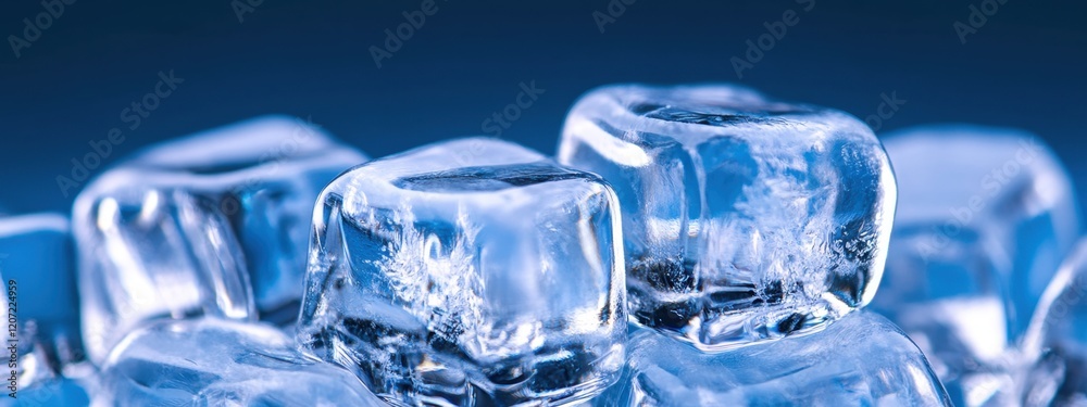 Close-up view of intricate frozen ice cubes against a deep blue backdrop showcasing texture and clarity through macro photography Close-up view of intricate frozen ice cubes against a deep blue backdrop showcasing texture and clarity through macro photography