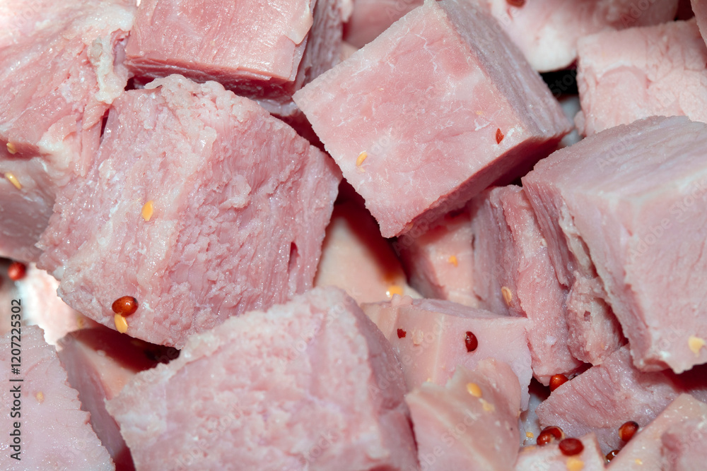 CLose Up of Gammon Ham Cubes Chunks Meat CLose Up of Gammon Ham Cubes Chunks Meat