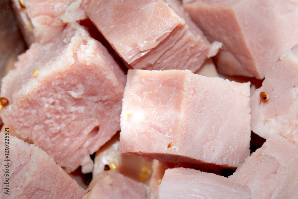 CLose Up of Gammon Ham Cubes Chunks Meat CLose Up of Gammon Ham Cubes Chunks Meat