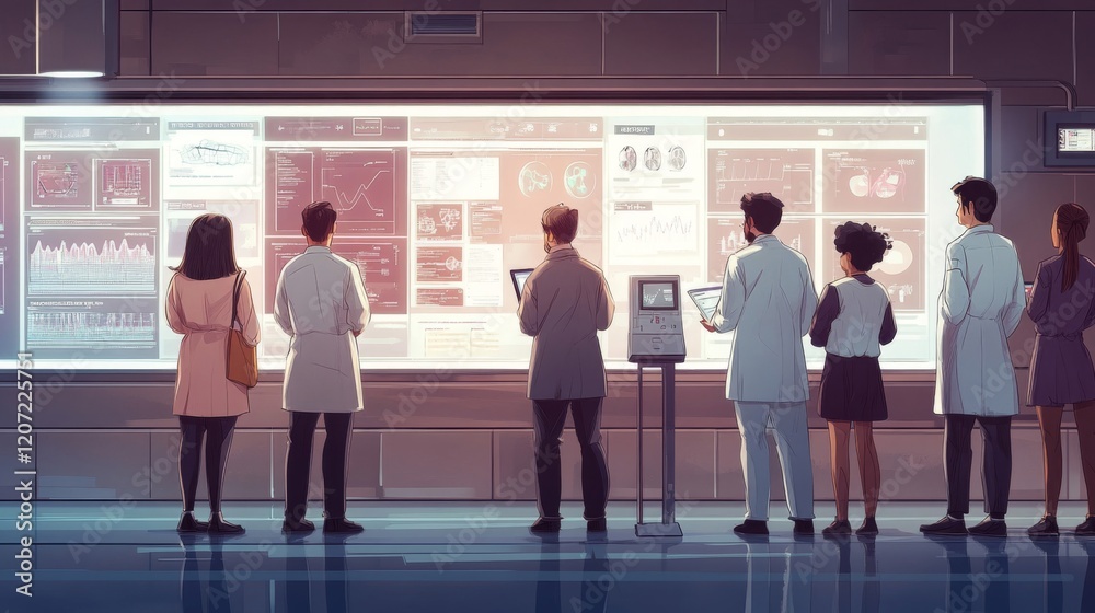 Fototapeta premium Team of Scientists Analyzing Data on Large Screen in Modern Lab