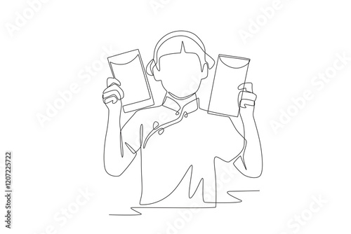 Children receiving red envelopes concept one-line drawing