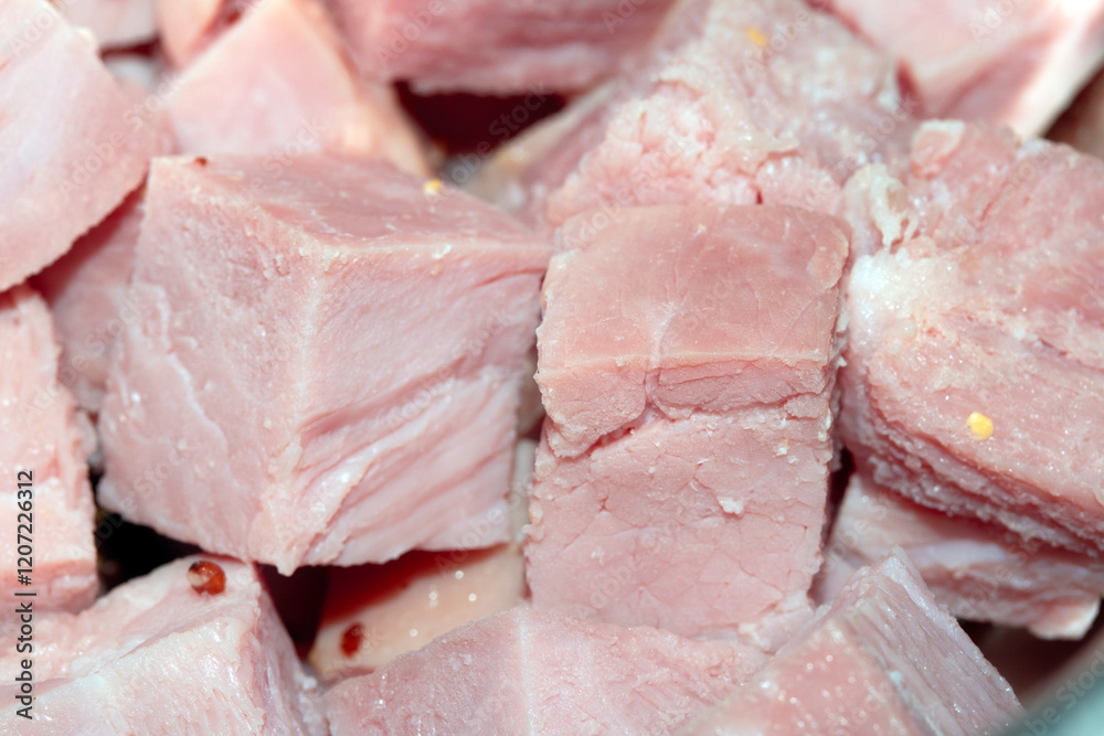 CLose Up of Gammon Ham Cubes Chunks Meat CLose Up of Gammon Ham Cubes Chunks Meat