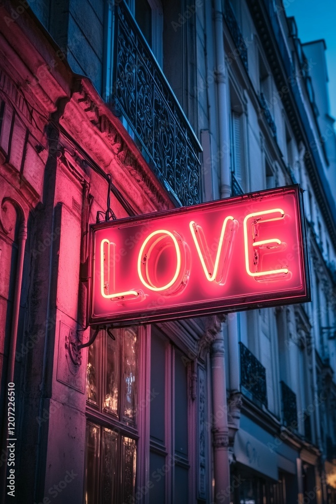 Neon sign on the building in Paris, neon text Neon sign on the building in Paris, neon text
