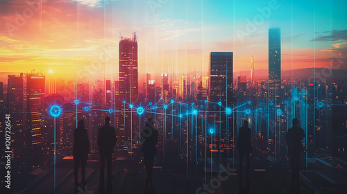 abstract professional business team people connection of line from nail node to node on Smart digital cityscap and skyline background , Innovation networking concept