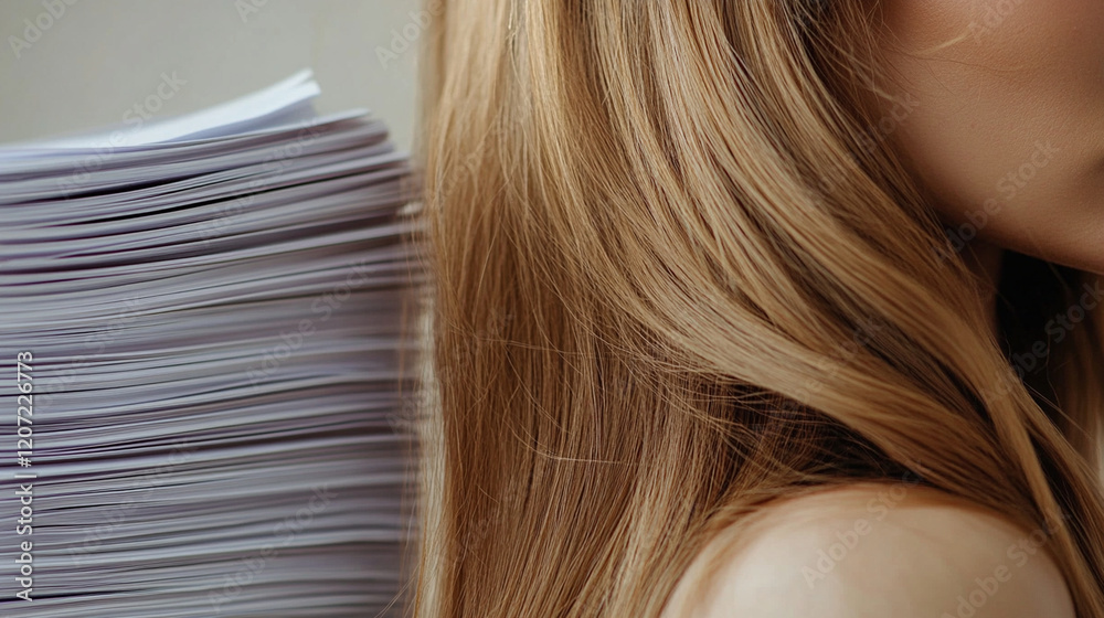 Fototapeta premium Detailed view of an HR manual with company policies, placed next to a neatly stacked pile of documents.