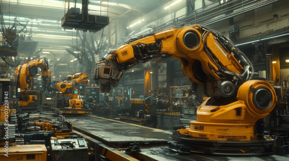 Futuristic Factory: Assembly Line of Robotic Arms Futuristic Factory: Assembly Line of Robotic Arms