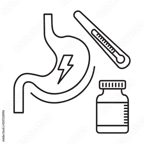 Stomach ache and pain related editable outline icons.