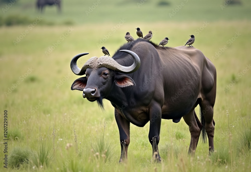 Buffalo with birds on its back in grassy field Buffalo with birds on its back in grassy field