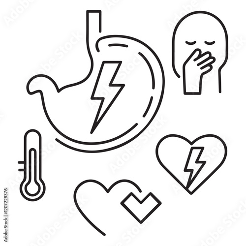 Stomach ache and pain related editable outline icons.