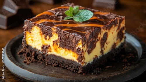 Caramel swirl cheesecake slice, chocolate background, dessert plate, food photography