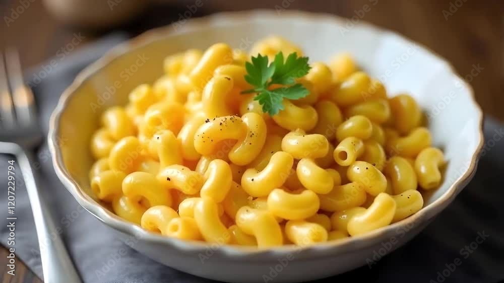 A creamy macaroni and cheese dish served in a white bowl, with elbow macaroni pasta coated in a rich, golden cheese sauce A creamy macaroni and cheese dish served in a white bowl, with elbow macaroni pasta coated in a rich, golden cheese sauce