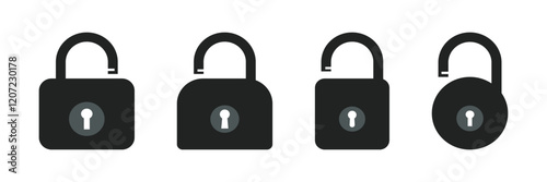 Padlock icon, security icon. Black locked unlocked padlock icon. lock icon.