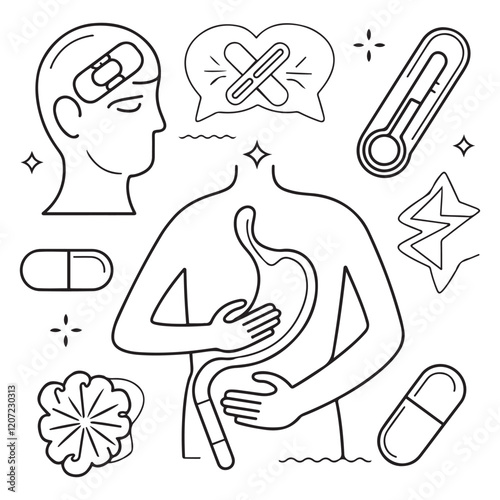 Stomach ache and pain related editable outline icons.