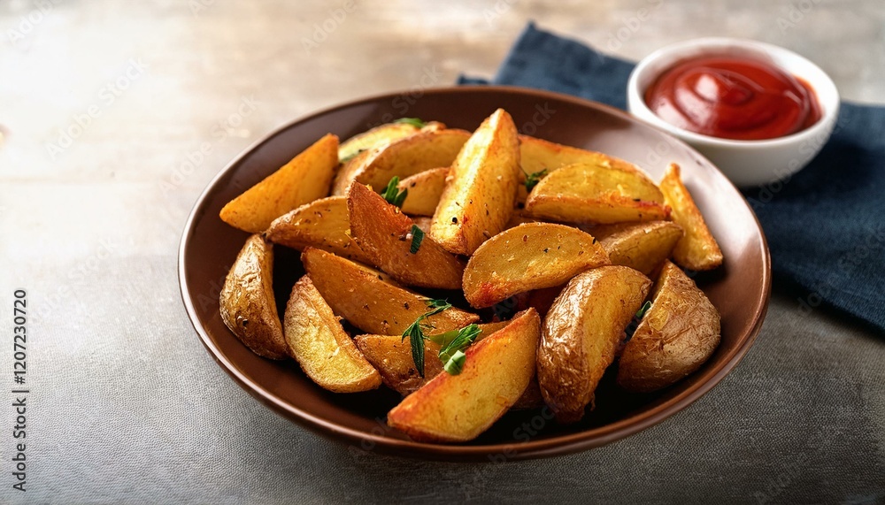 Fried potato wedges served with ketchup Fried potato wedges served with ketchup
