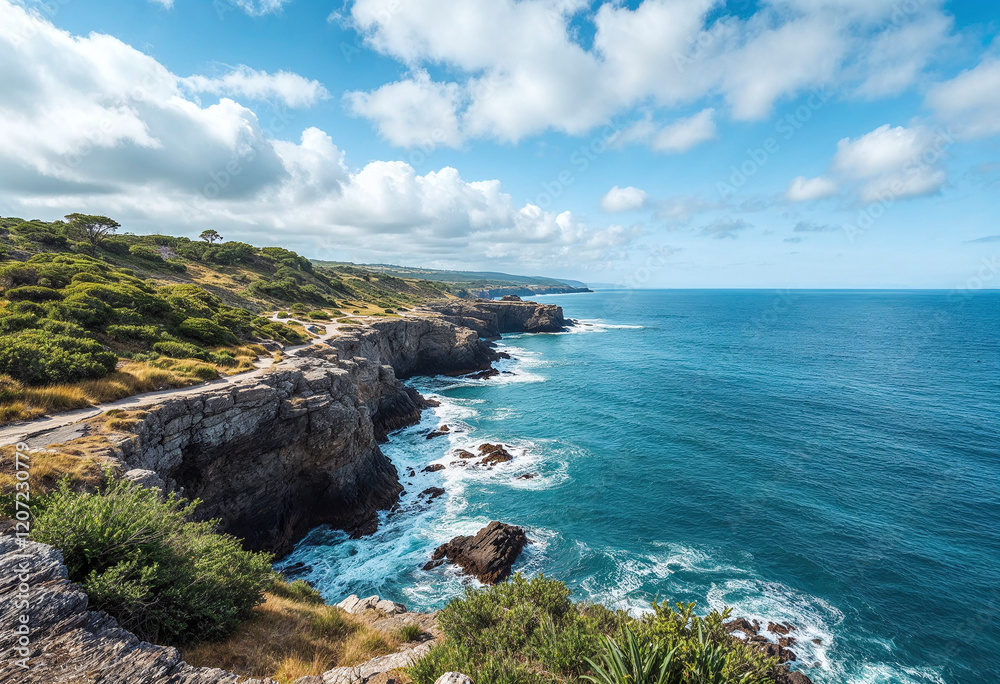 A beautiful ocean view with a rocky shoreline and a clear blue sky. The ocean is calm and the waves are small A beautiful ocean view with a rocky shoreline and a clear blue sky. The ocean is calm and the waves are small