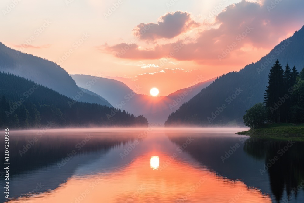 Fototapeta premium Beautiful sunrise in Norway - lofotens. Beautiful simple AI generated image