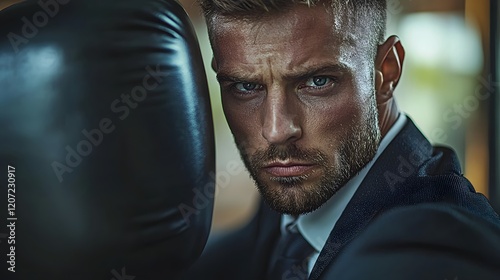 Determined Corporate Businessman in Suit and Tie Intensely Training with Heavy Bag Demonstrating Discipline Strength and Aggression in Business Lifestyle photo