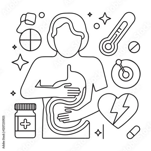 Stomach ache and pain related editable outline icons.