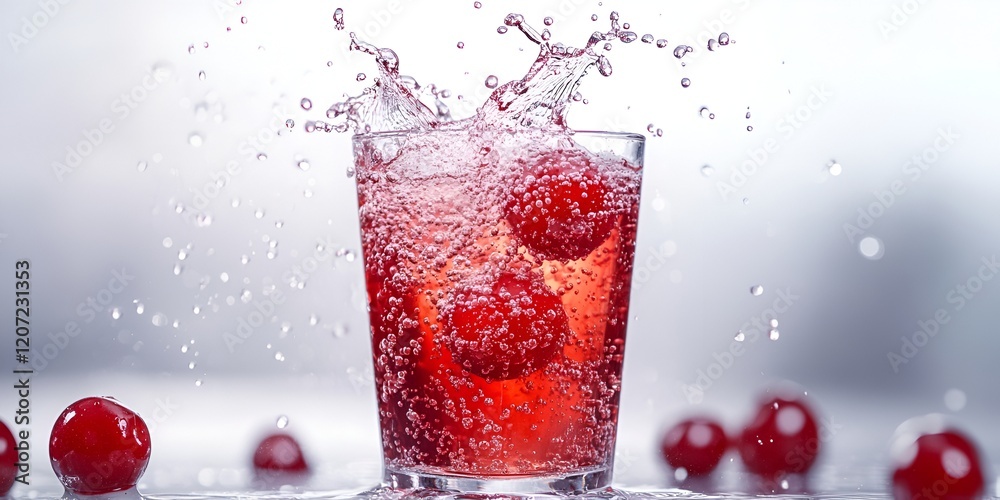 Cherry juice splash isolated on a white background with cherry fruit and splashes of red liquid. Cherry juice splash isolated on a white background with cherry fruit and splashes of red liquid.