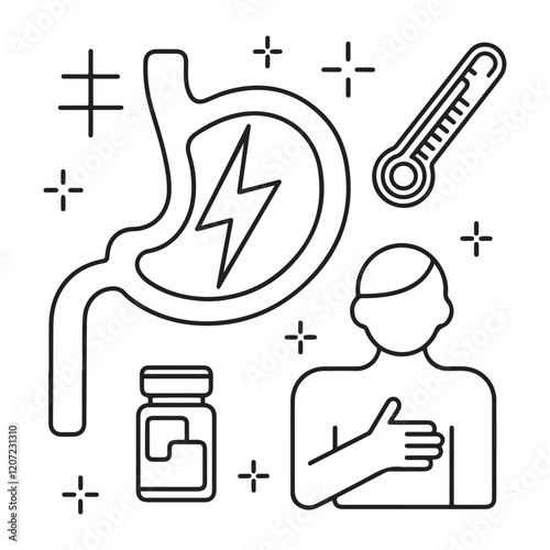 Stomach ache and pain related editable outline icons.