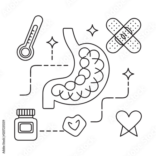 Stomach ache and pain related editable outline icons.